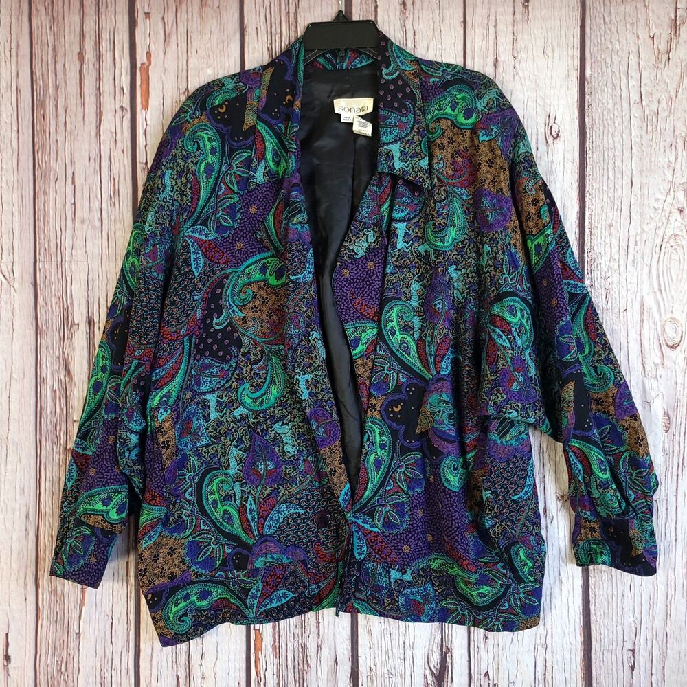 Sonata Vintage 1980s Paisley Sz 10 Rayon Jacket Shoulder Pads Womens Green Retro